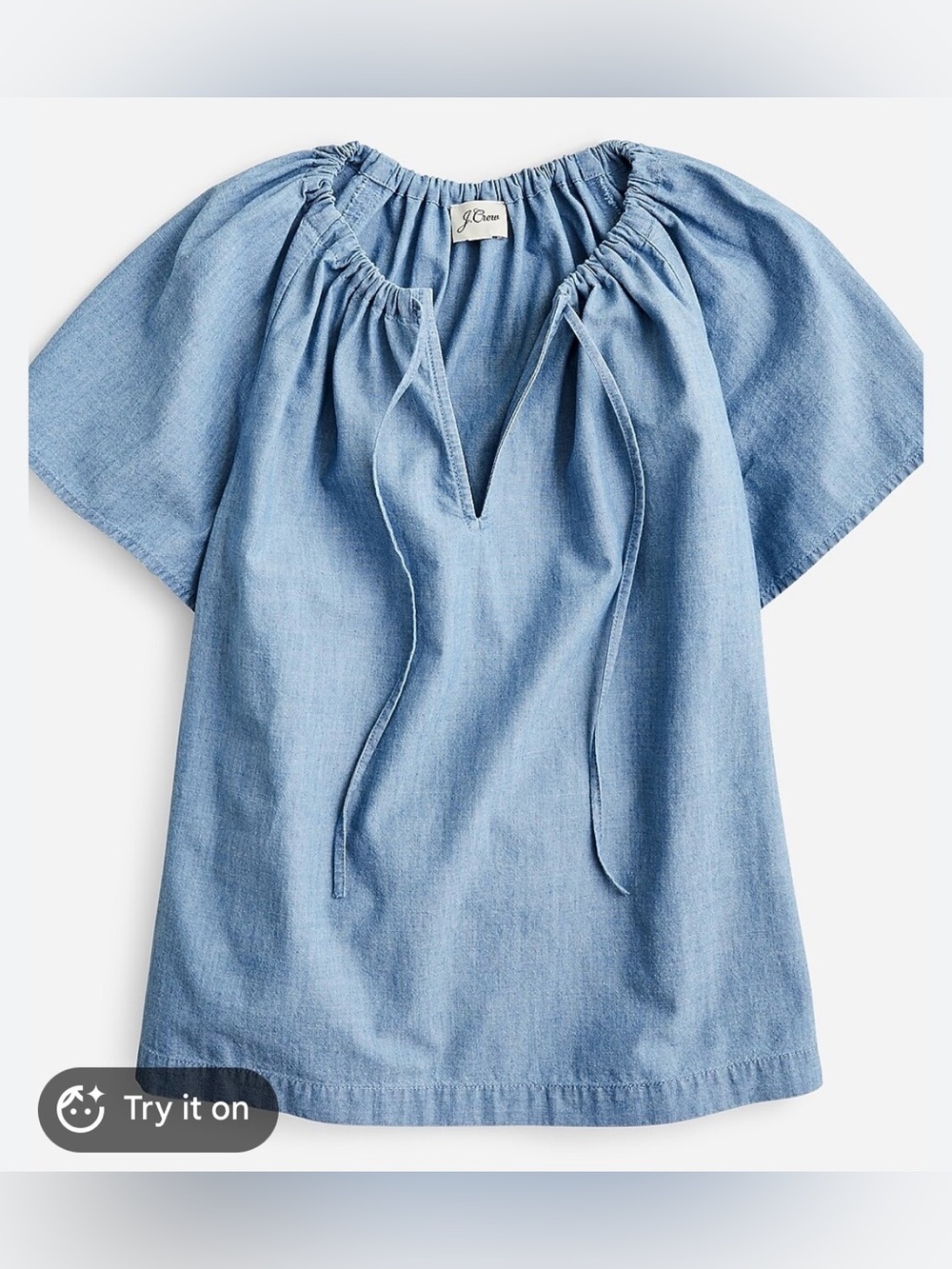 J Crew Chambray Denim Short Sleeve Tie Neck Top